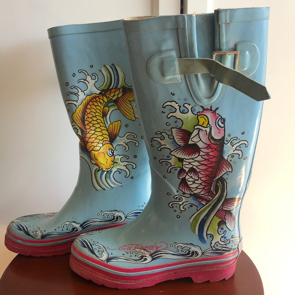 ED HARDY Koi Fish Rain Boots Tattoo Art Rubbers